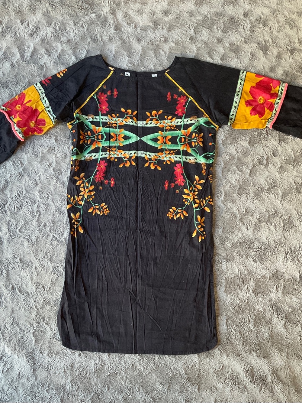 Black Floral-Print Women’s Tunic Top / Kurta Dress with Green and Yellow Accents